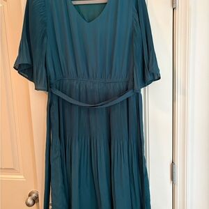 Polagram Teal Midi Pleated V-Neck Dress with Waist Tie
